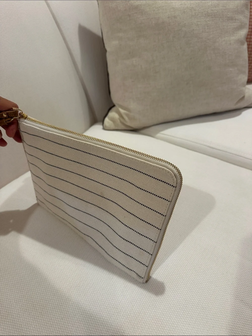 Neiman Marcus Cream Canvas Striped Zip Pouch with Black Pinstripes